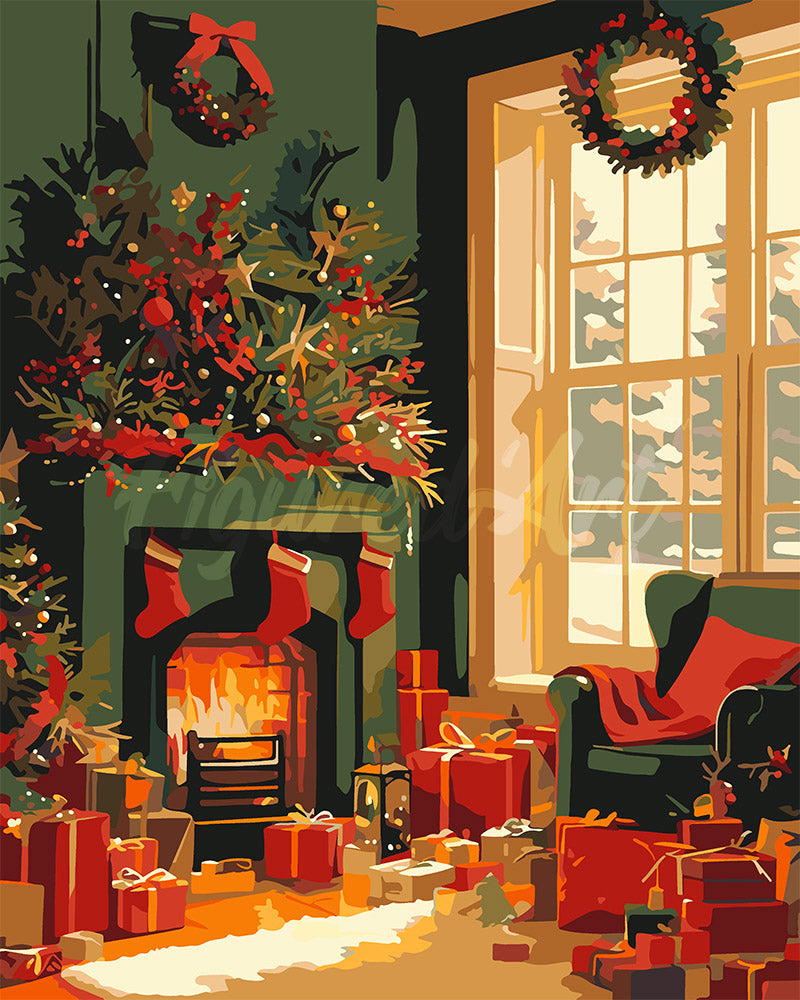 Paint by numbers kit for adults Festive Fireplace Scene Figured'Art UK