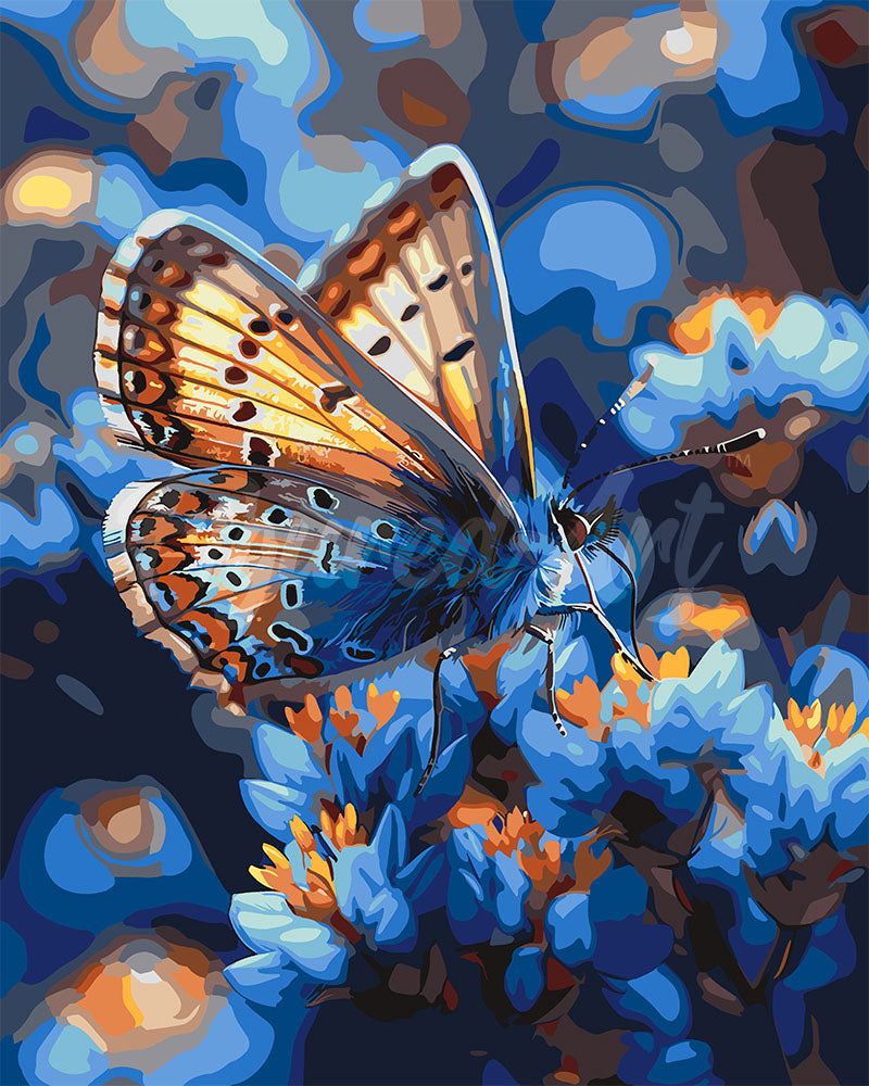 Paint by Numbers for adults UK - Butterfly and Blue Flowers – Figured'Art, image size:800x1000