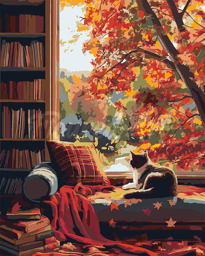 Paint by numbers kit for adults Cat's Autumn View Figured'Art UK