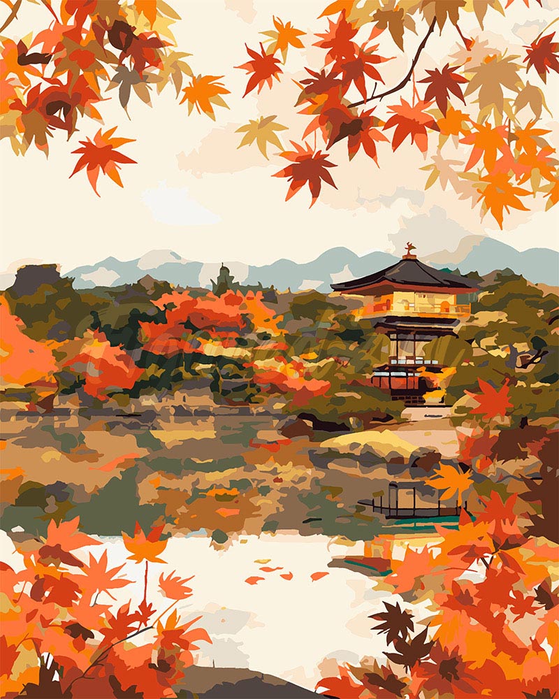 Paint by Numbers for adults UK - Japanese Temple by Autumn Lake