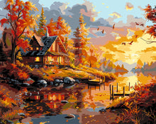 Load image into Gallery viewer, Paint by numbers kit for adults Autumn Sunset by the Cabin Figured&#39;Art UK