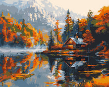 Load image into Gallery viewer, Paint by numbers kit for adults Lakeside Autumn Cabin Figured&#39;Art UK