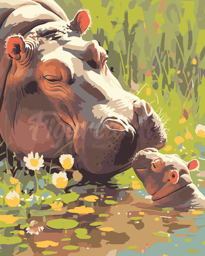 Paint by numbers kit for adults Baby Hippo Kissing Mum Figured'Art UK