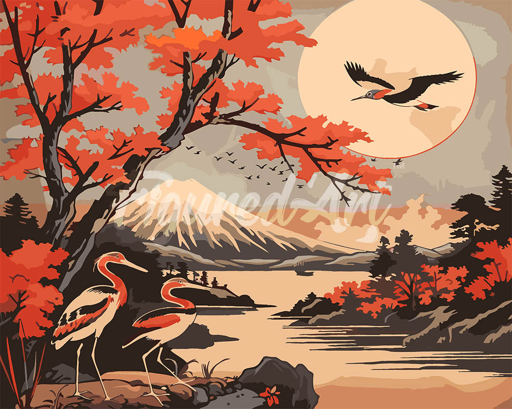 Paint by Numbers for adults UK - Cranes and Mount Fuji View – Figured'Art