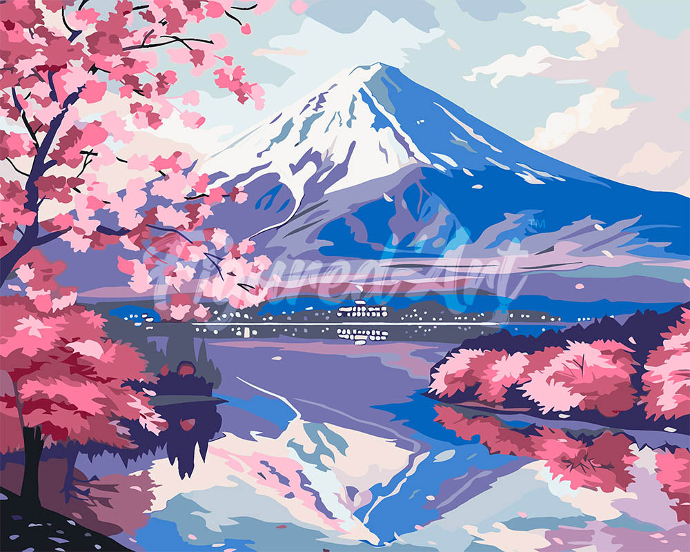 Paint by Numbers for adults UK - Mount Fuji and Sakura Lake – Figured'Art