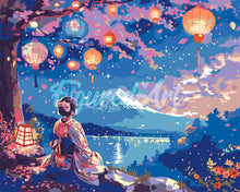 Load image into Gallery viewer, Paint by numbers kit for adults Girl, Lanterns and Mount Fuji Figured'Art UK
