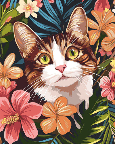 Paint by numbers kit for adults Cat with Tropical Flowers Figured'Art UK