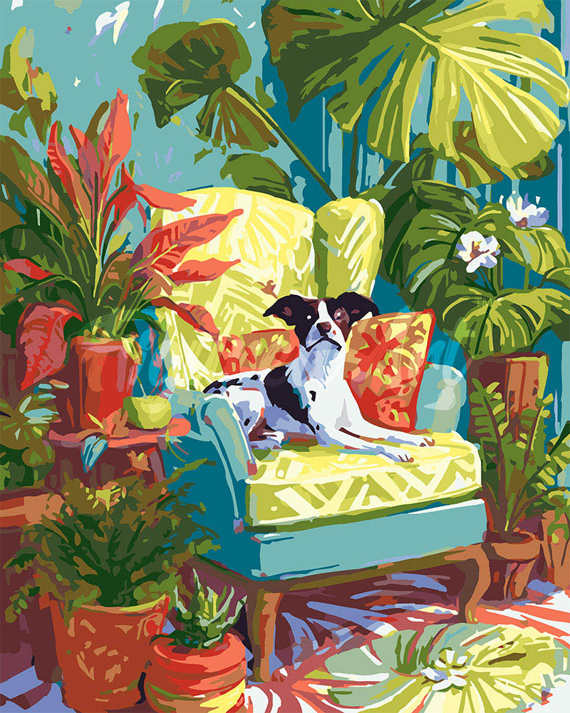 Paint by numbers kit for adults Plant Corner with Dog Figured'Art UK