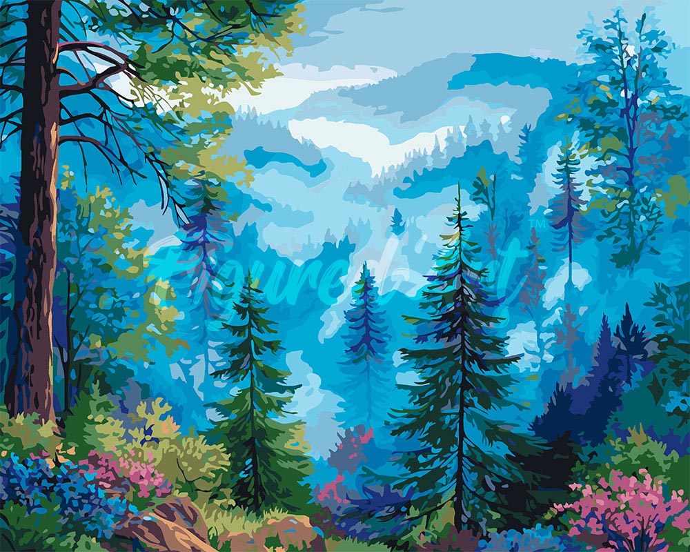 Paint by numbers kit for adults Misty Pine Valley Figured'Art UK