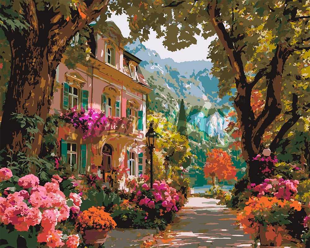 Paint by numbers kit for adults Lakeside Villa in Bloom Figured'Art UK