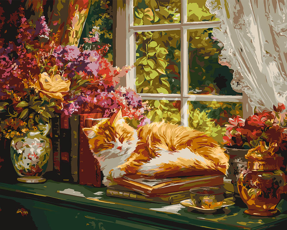 Paint by numbers kit for adults Cosy Window with Cat Figured'Art UK