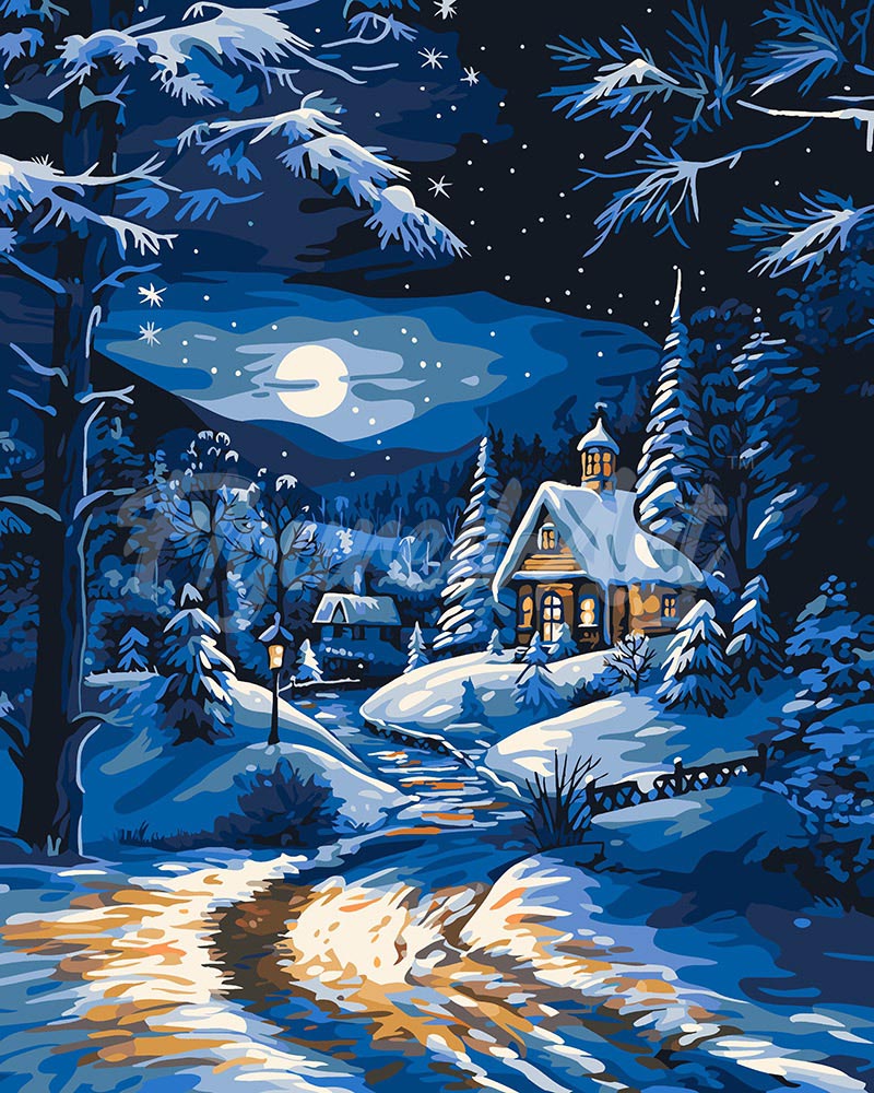 Paint by numbers kit for adults Moonlight Winter Cottage Figured'Art UK