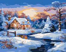 Load image into Gallery viewer, Paint by numbers kit for adults Sunset Winter Cabin Figured'Art UK