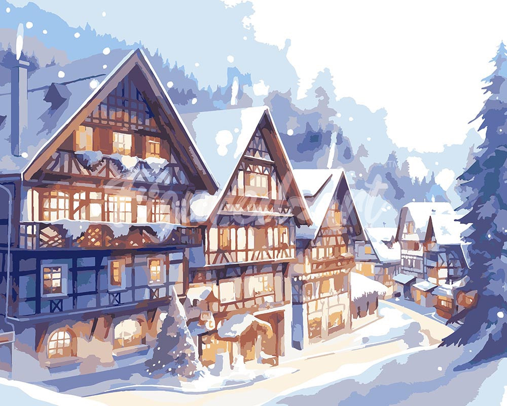 Paint by numbers kit for adults Snowy Village in Watercolour Figured'Art UK