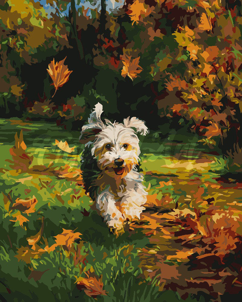 Paint by numbers kit for adults Joyful Pup in Autumn Figured'Art UK