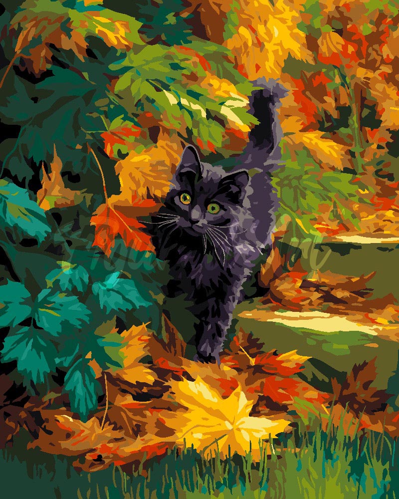Paint by numbers kit for adults Black Cat in Autumn Figured'Art UK