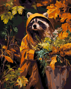 Paint by numbers kit for adults Raccoon in Raincoat Figured'Art UK