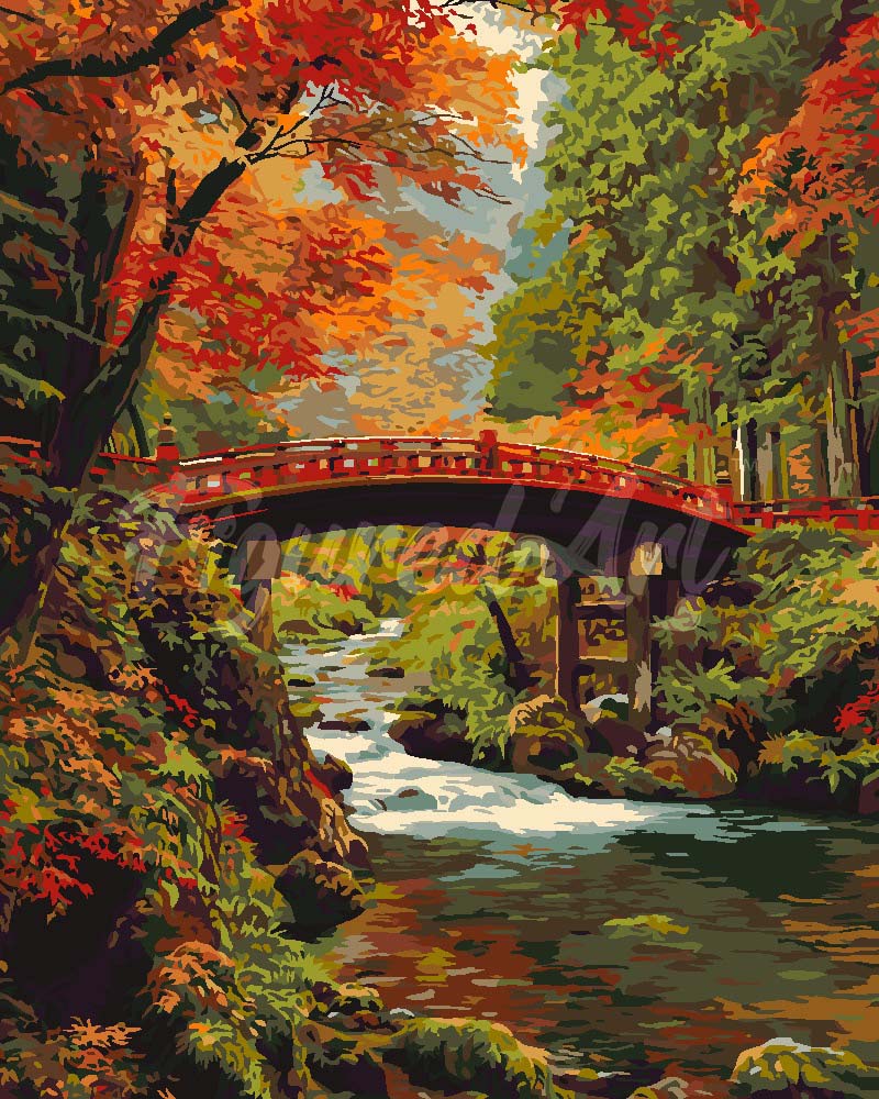 Paint by numbers kit for adults Autumn Red Bridge in Japan Figured'Art UK