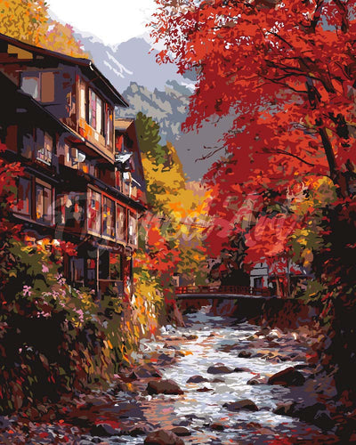 Paint by numbers kit for adults Autumn Village in Nikko Japan Figured'Art UK