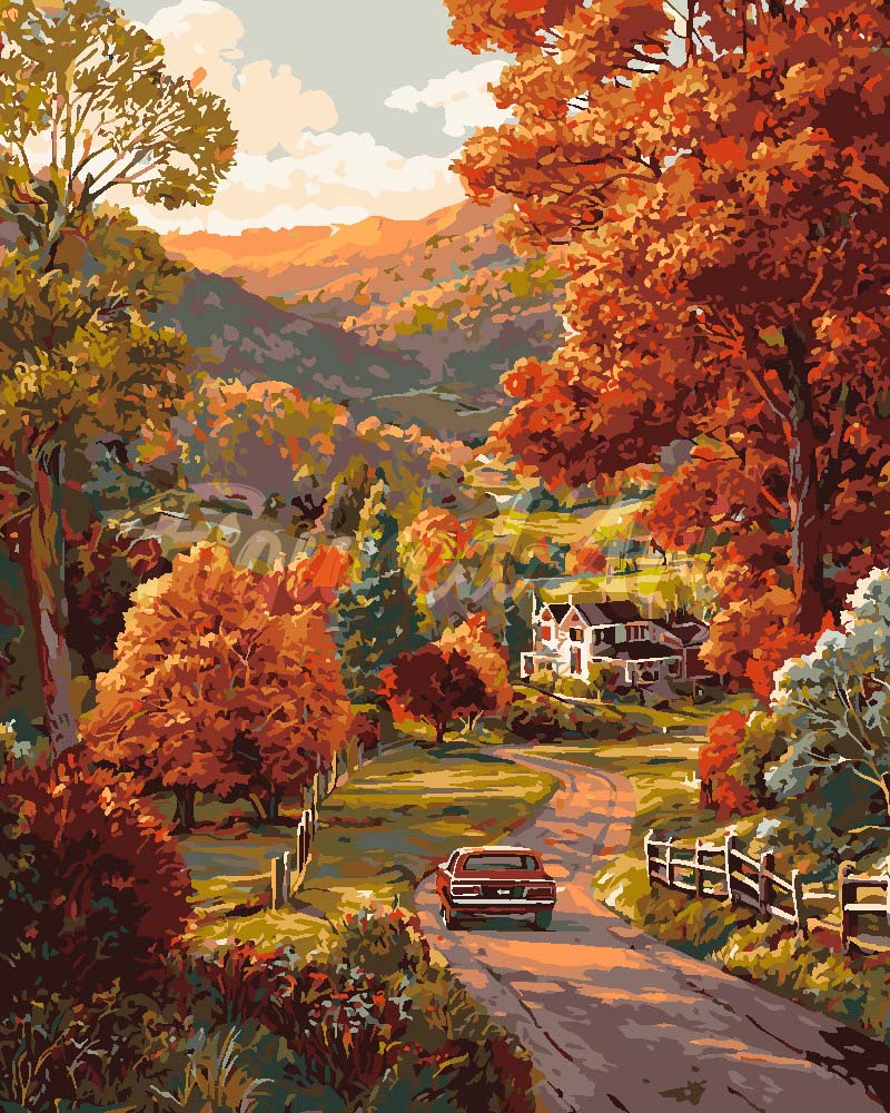 Paint by numbers kit for adults Country Road in Autumn Figured'Art UK