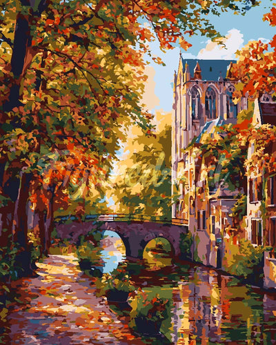 Paint by numbers kit for adults Riverside Autumn Town Figured'Art UK
