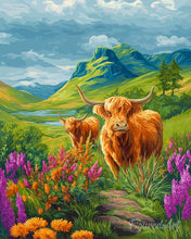 Load image into Gallery viewer, Paint by numbers kit for adults Highland Cow Blooming Hills Figured'Art UK