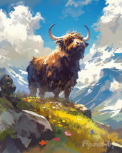 Load image into Gallery viewer, Paint by numbers kit for adults Highland Cow Alpine View Figured'Art UK