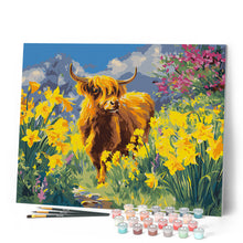 Load image into Gallery viewer, Highland cow and daffodils
