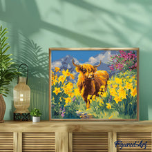 Load image into Gallery viewer, Highland cow and daffodils