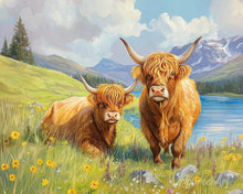 Load image into Gallery viewer, Paint by numbers kit for adults Highland cow Family by the Lake Figured'Art UK