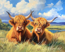 Load image into Gallery viewer, Paint by numbers kit for adults Highland cow Golden Field Figured'Art UK