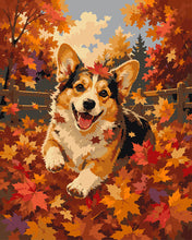 Load image into Gallery viewer, Paint by numbers kit for adults Joyful Corgi in Autumn Leaves Figured'Art UK