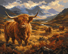 Load image into Gallery viewer, Paint by numbers kit for adults Highland Cattle Herd in the Glen Figured'Art UK