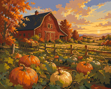 Load image into Gallery viewer, Paint by numbers kit for adults Pumpkin Patch and Red Barn at Golden Hour Figured'Art UK