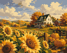 Load image into Gallery viewer, Paint by numbers kit for adults Sunflower Field and White Farmhouse Figured'Art UK