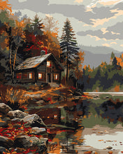 Load image into Gallery viewer, Paint by numbers kit for adults Cosy Cabin by the Autumn Lake Figured'Art UK