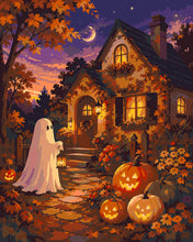 Load image into Gallery viewer, Paint by numbers kit for adults Friendly Ghost at a Pumpkin Cottage Figured'Art UK