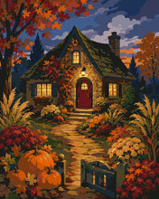 Load image into Gallery viewer, Paint by numbers kit for adults Glowing Pumpkin Cottage at Dusk Figured'Art UK