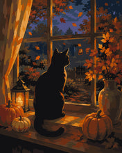 Load image into Gallery viewer, Paint by numbers kit for adults Black Cat at a Pumpkin-Lit Window Figured'Art UK