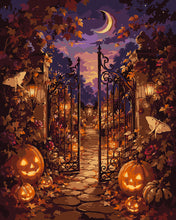 Load image into Gallery viewer, Paint by numbers kit for adults Enchanted Jack o Lantern Garden Gate Figured'Art UK
