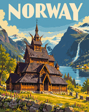 Load image into Gallery viewer, Paint by numbers kit for adults Travel Poster Borgund Stave Church Norway Figured'Art UK