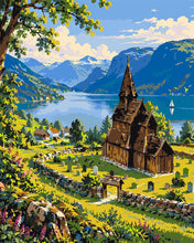 Load image into Gallery viewer, Paint by numbers kit for adults Norwegian Fjord and Stave Church Figured'Art UK