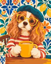 Load image into Gallery viewer, Paint by numbers kit for adults Beret-Wearing Spaniel at the Café Figured'Art UK