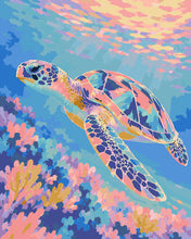 Load image into Gallery viewer, Paint by numbers kit for adults Kaleidoscopic Turtle Beneath Pastel Waters Figured'Art UK
