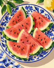 Load image into Gallery viewer, Paint by numbers kit for adults Watermelon on Blue Porcelain Plate Figured'Art UK