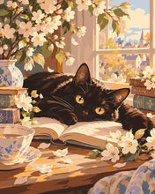 Load image into Gallery viewer, Paint by numbers kit for adults Black Cat in a Spring Blossom Nook Figured'Art UK