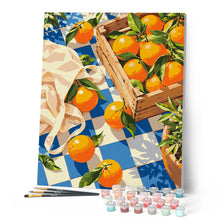 Load image into Gallery viewer, Oranges on Blue Checkered Cloth