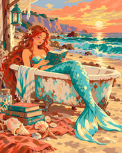 Load image into Gallery viewer, Paint by numbers kit for adults Sunset Mermaid Reading by the Sea Figured'Art UK