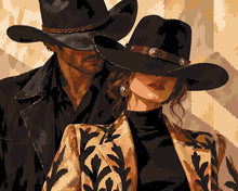 Load image into Gallery viewer, Paint by numbers kit for adults Cowboy Couple in Black Hats Figured'Art UK