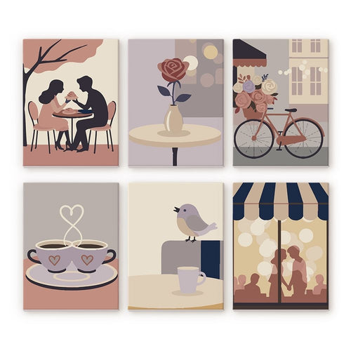 Mini Paint by numbers 15x20cm (6 pieces) - Café Romance Figured'Art
